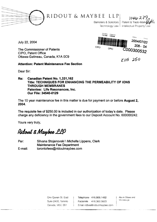 Canadian Patent Document 1331162. Fees 20040722. Image 1 of 1