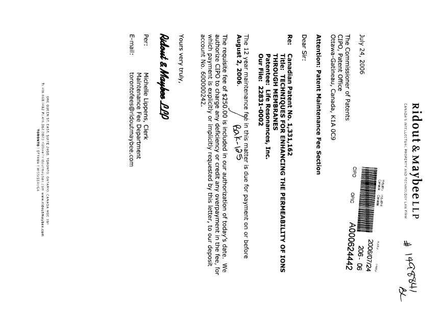 Document de brevet canadien 1331162. Taxes 20060724. Image 1 de 1
