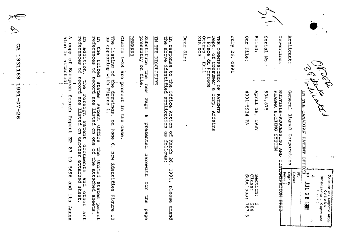 Canadian Patent Document 1331163. Prosecution Correspondence 19910726. Image 1 of 4