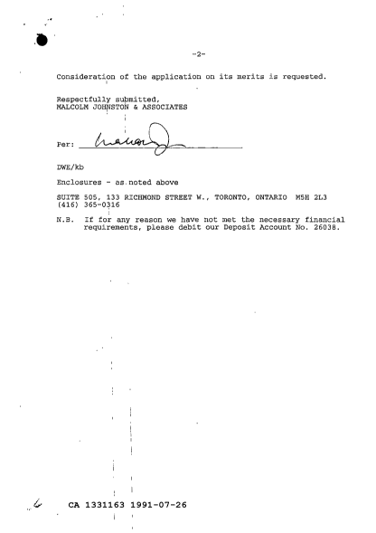 Document de brevet canadien 1331163. Correspondance de la poursuite 19910726. Image 2 de 4