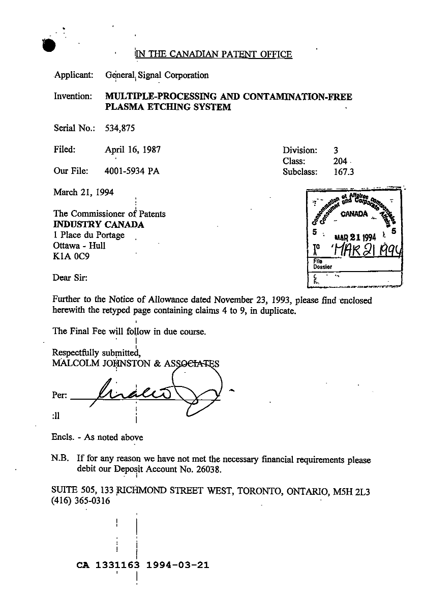 Document de brevet canadien 1331163. Correspondance de la poursuite 19940321. Image 1 de 1