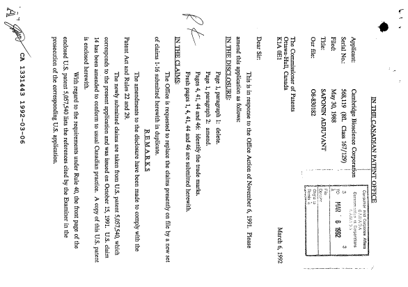Canadian Patent Document 1331443. Prosecution Correspondence 19920306. Image 1 of 2