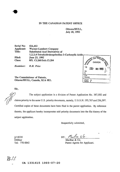 Document de brevet canadien 1331615. Correspondance de la poursuite 19930720. Image 1 de 1