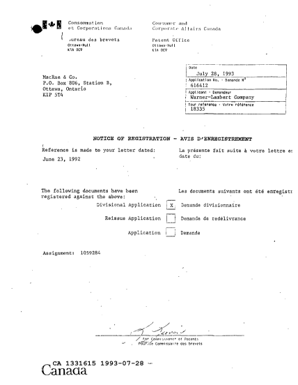 Document de brevet canadien 1331615. Lettre du bureau 19930728. Image 1 de 1