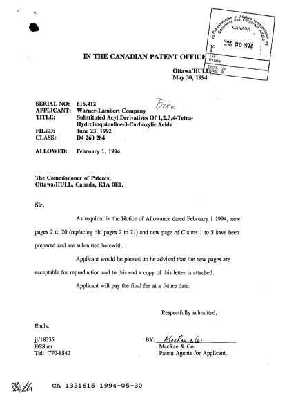 Document de brevet canadien 1331615. Correspondance de la poursuite 19940530. Image 1 de 1