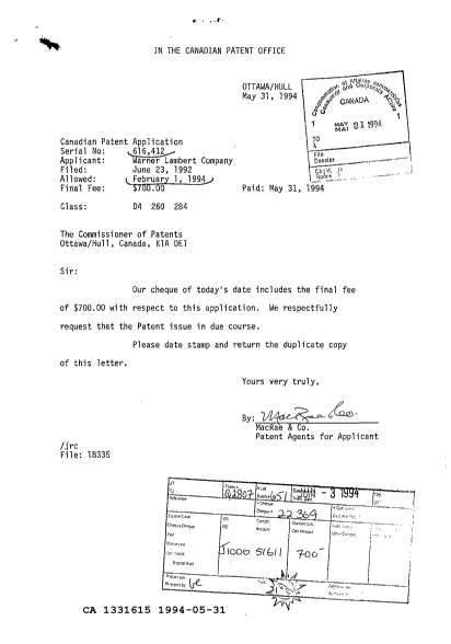 Document de brevet canadien 1331615. Correspondance reliée au PCT 19940531. Image 1 de 1
