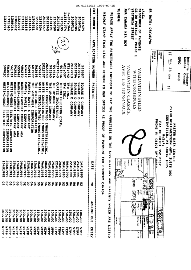 Document de brevet canadien 1331615. Taxes 19951215. Image 1 de 1
