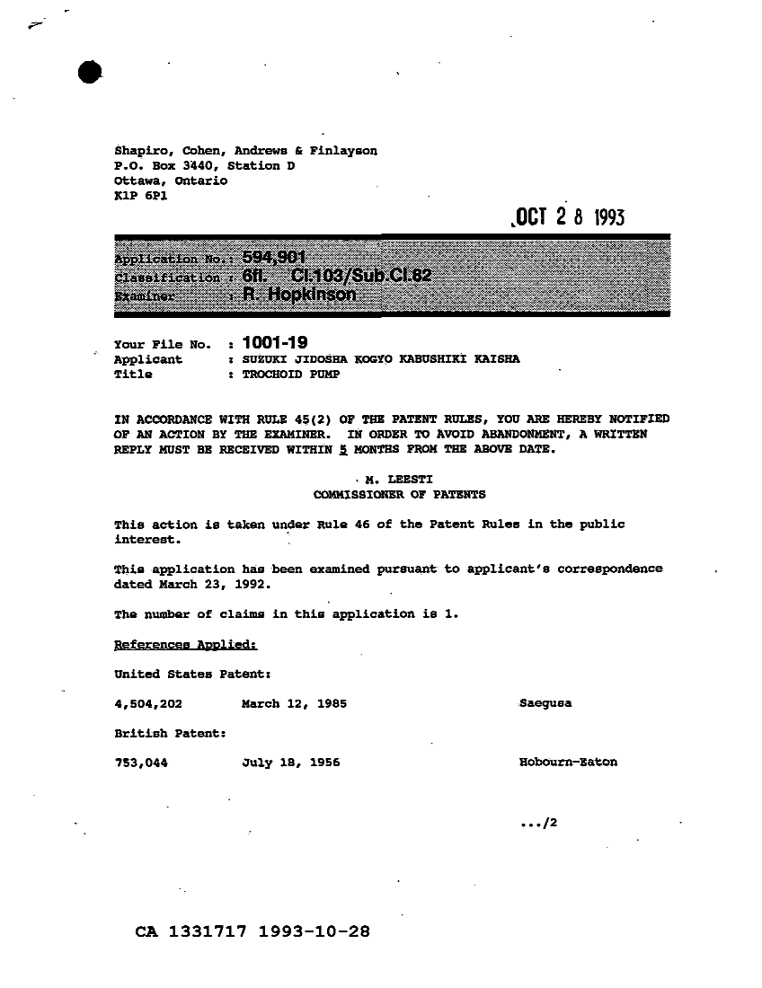 Document de brevet canadien 1331717. Correspondance de la poursuite 19931028. Image 1 de 2