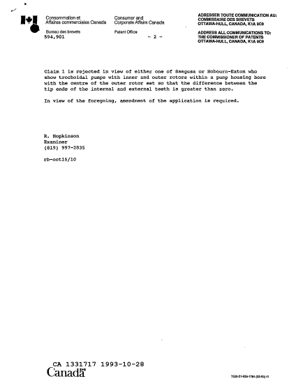 Document de brevet canadien 1331717. Correspondance de la poursuite 19931028. Image 2 de 2