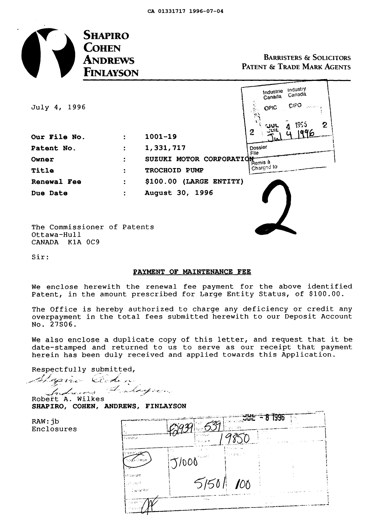 Canadian Patent Document 1331717. Fees 19960704. Image 1 of 1