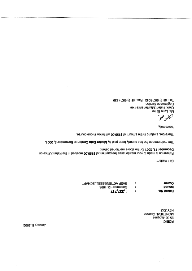 Canadian Patent Document 1331717. Correspondence 20020108. Image 1 of 2