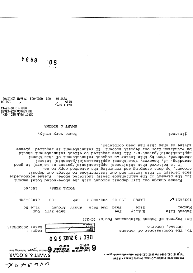 Canadian Patent Document 1333451. Fees 20021213. Image 1 of 1