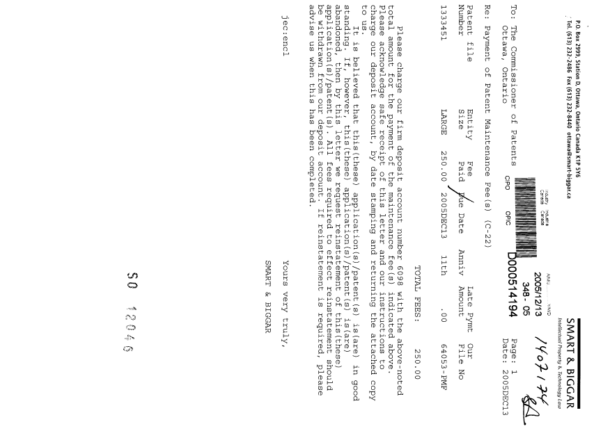 Document de brevet canadien 1333451. Taxes 20051213. Image 1 de 1