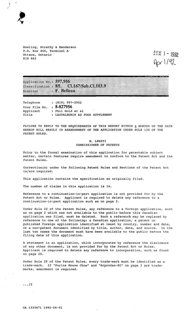 Document de brevet canadien 1333471. Poursuite-Amendment 19911201. Image 1 de 4