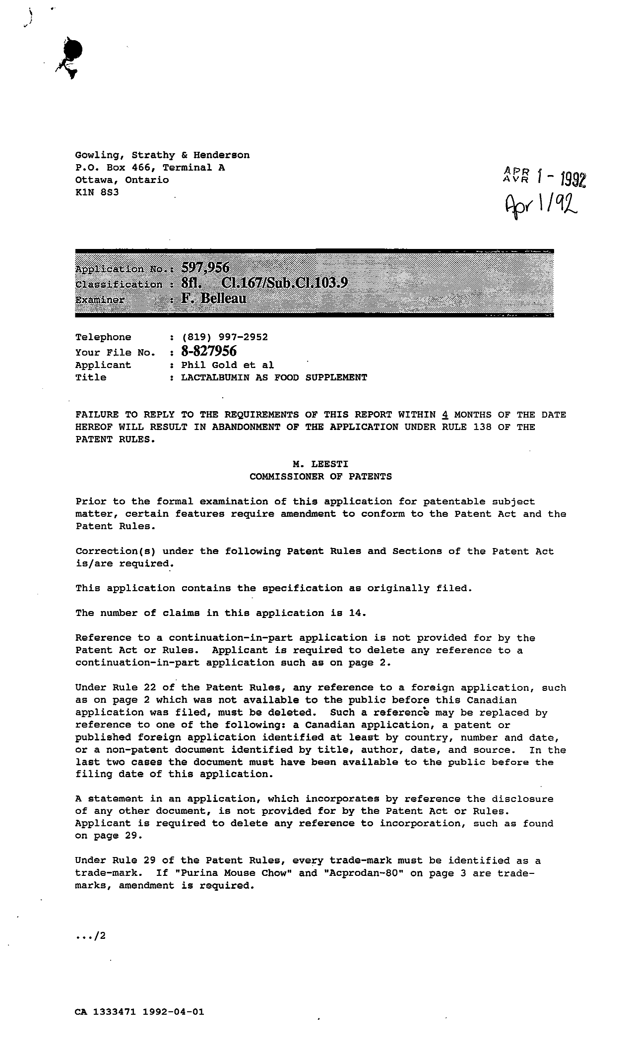 Canadian Patent Document 1333471. Prosecution-Amendment 19911201. Image 1 of 4