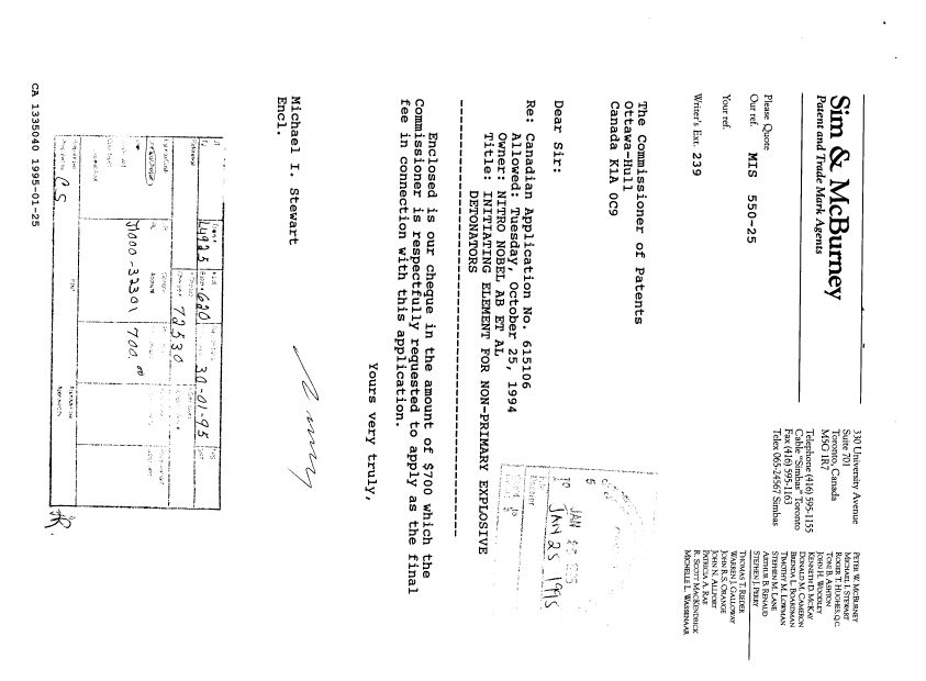 Document de brevet canadien 1335040. Correspondance reliée au PCT 19950125. Image 1 de 1