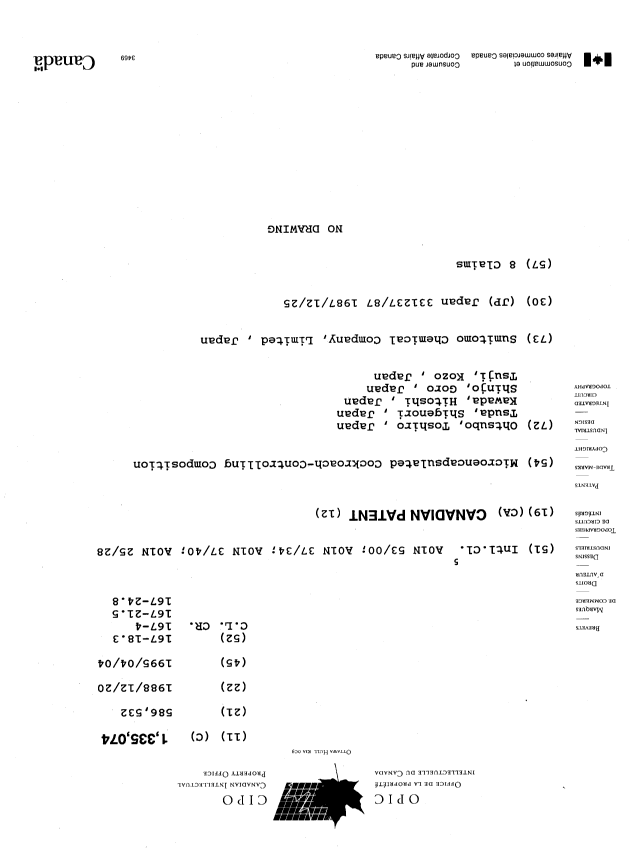 Document de brevet canadien 1335074. Page couverture 19941204. Image 1 de 1