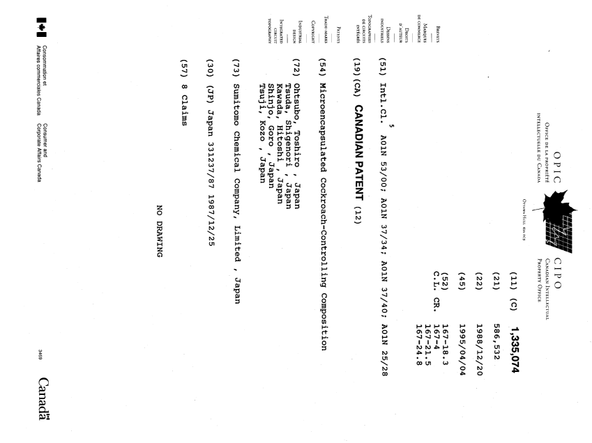 Document de brevet canadien 1335074. Page couverture 19941204. Image 1 de 1