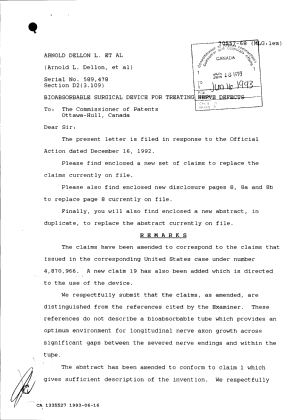 Document de brevet canadien 1335527. Correspondance de la poursuite 19930616. Image 1 de 2