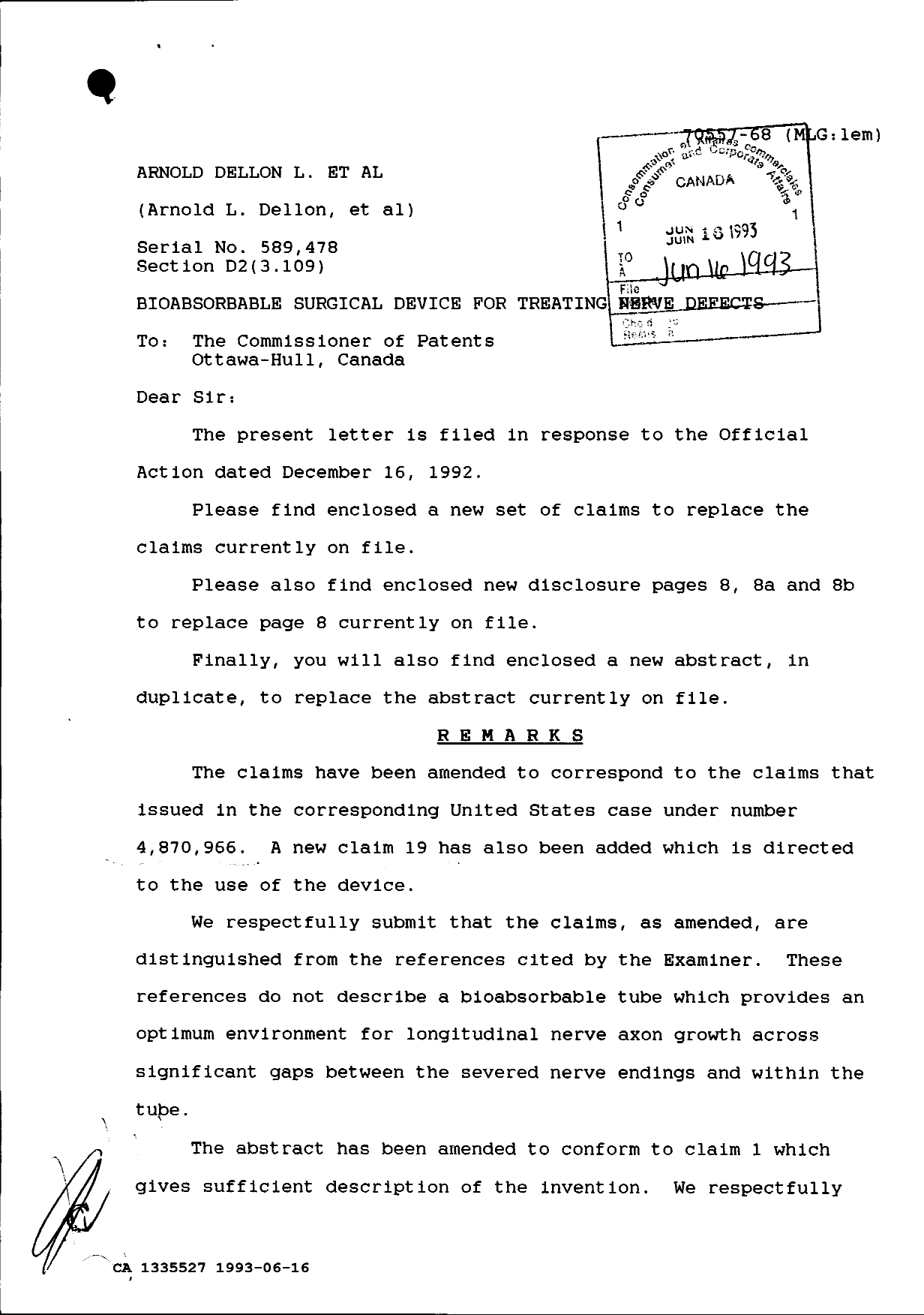 Canadian Patent Document 1335527. Prosecution Correspondence 19930616. Image 1 of 2