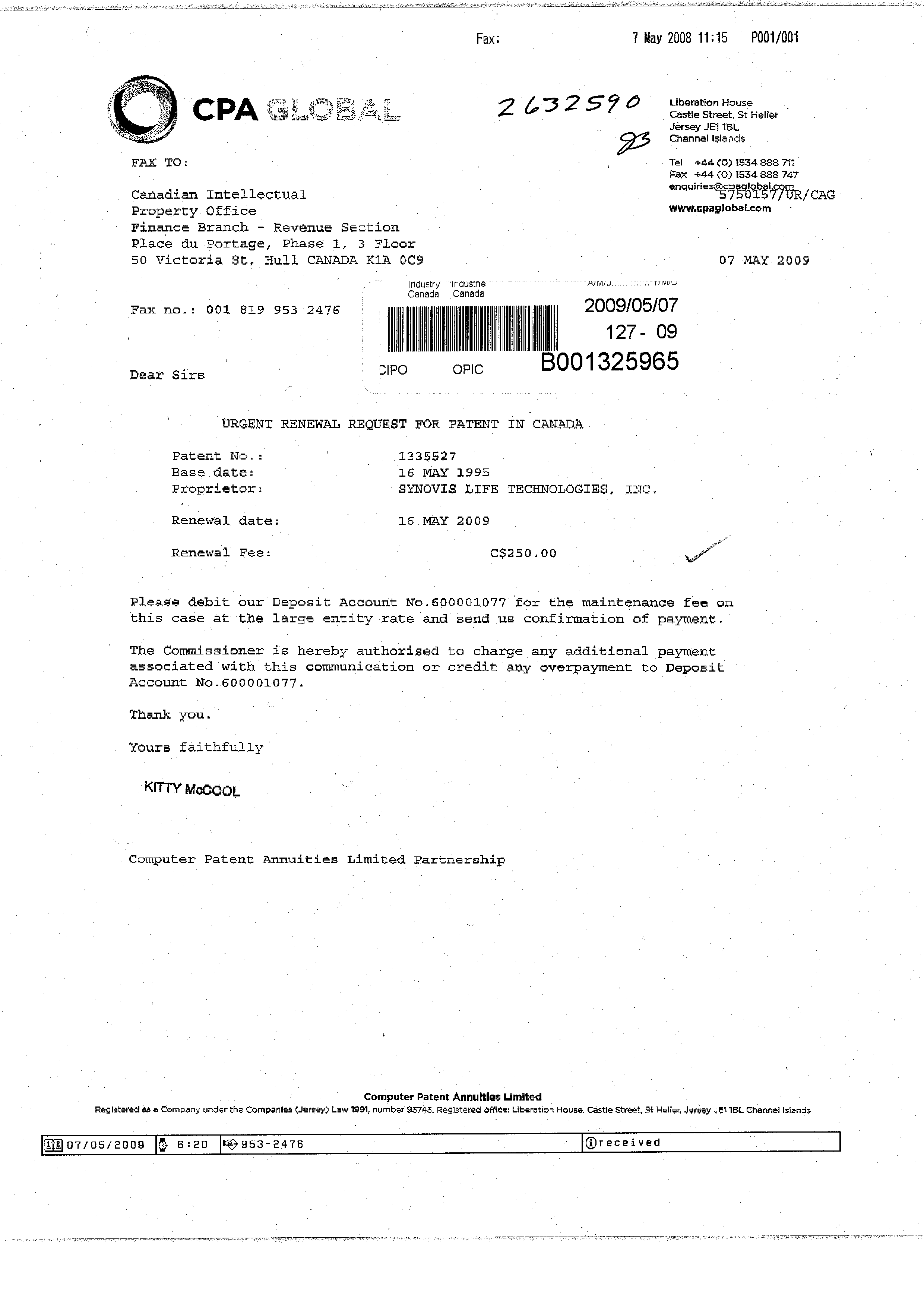 Canadian Patent Document 1335527. Fees 20090507. Image 1 of 1