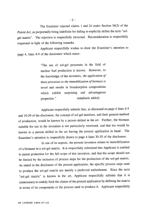 Canadian Patent Document 1335665. Prosecution Correspondence 19931215. Image 2 of 3