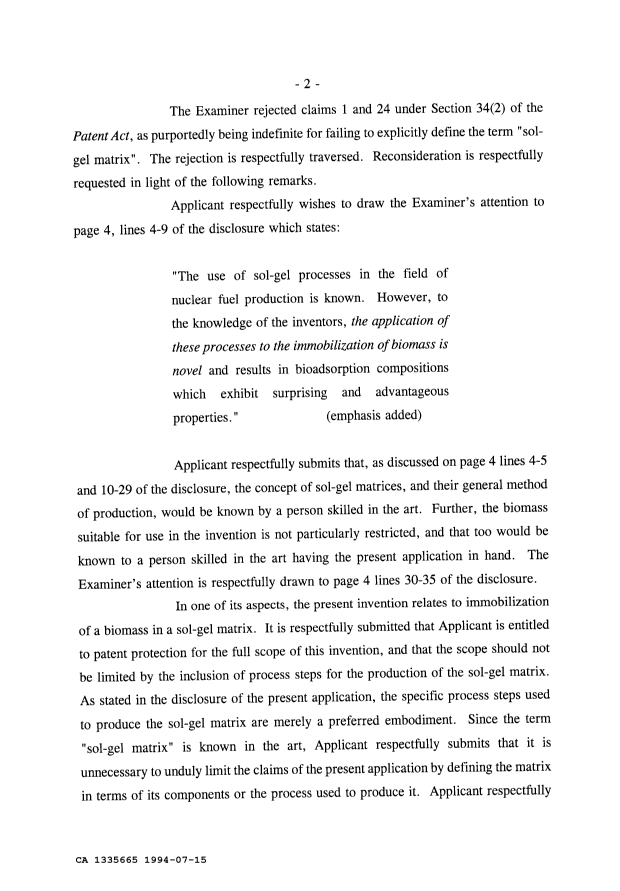 Canadian Patent Document 1335665. Prosecution Correspondence 19931215. Image 2 of 3
