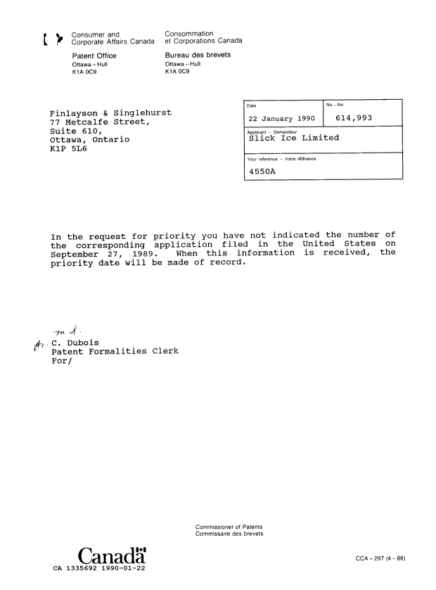 Document de brevet canadien 1335692. Lettre du bureau 19900122. Image 1 de 1