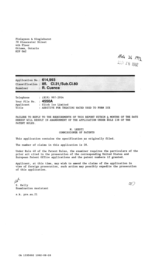 Document de brevet canadien 1335692. Demande d'examen 19920826. Image 1 de 1