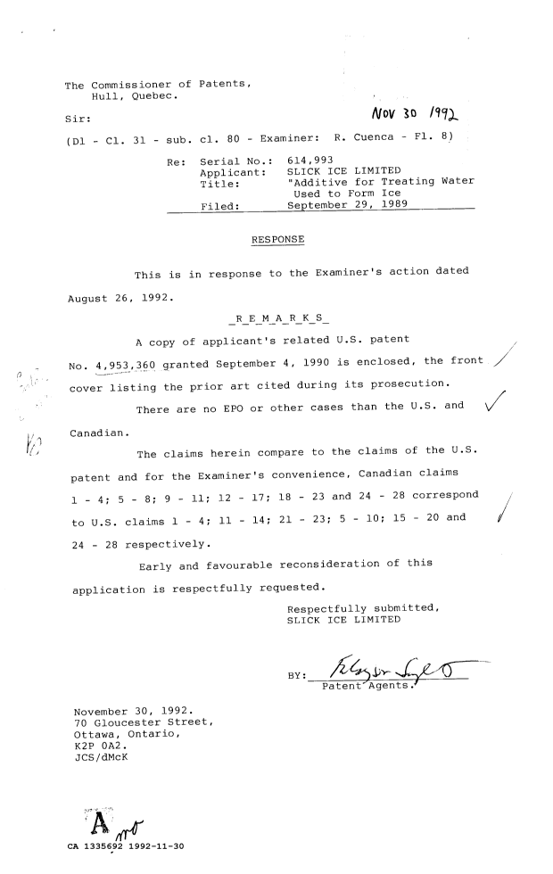 Document de brevet canadien 1335692. Correspondance de la poursuite 19921130. Image 1 de 1