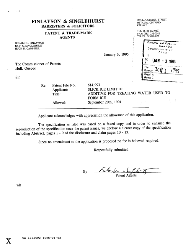 Document de brevet canadien 1335692. Correspondance de la poursuite 19950103. Image 1 de 1