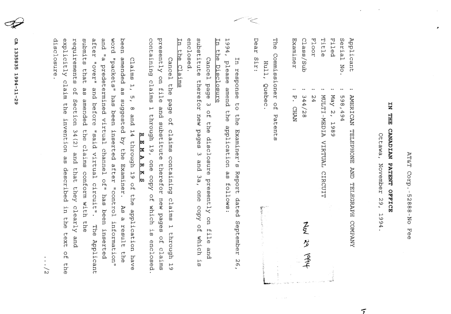 Document de brevet canadien 1335835. Correspondance de la poursuite 19941129. Image 1 de 2