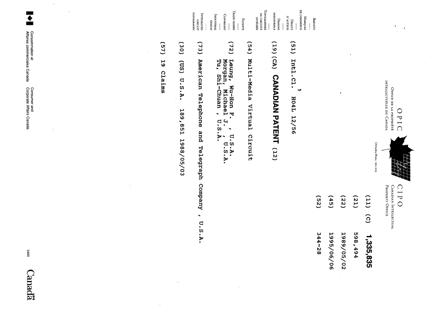 Canadian Patent Document 1335835. Cover Page 19950606. Image 1 of 1