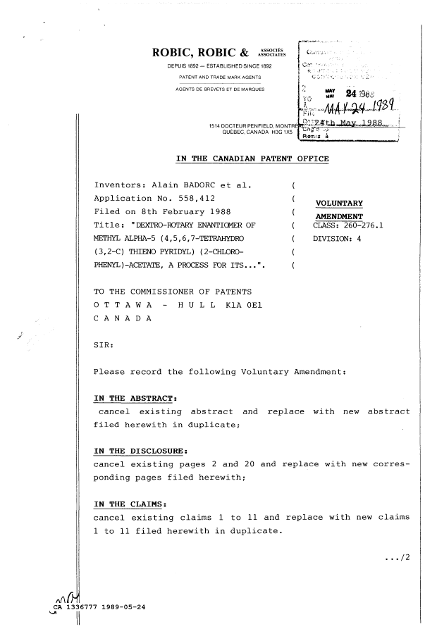 Canadian Patent Document 1336777. Prosecution Correspondence 19890524. Image 1 of 2