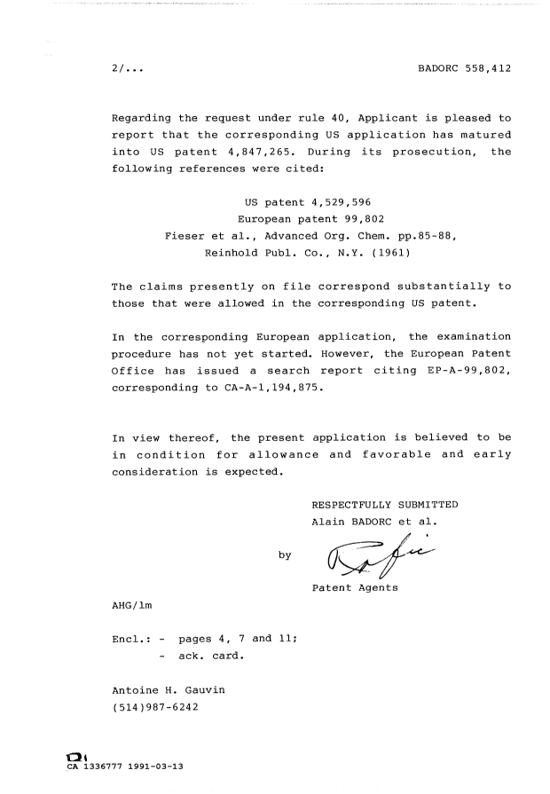 Canadian Patent Document 1336777. Prosecution Correspondence 19910313. Image 2 of 2