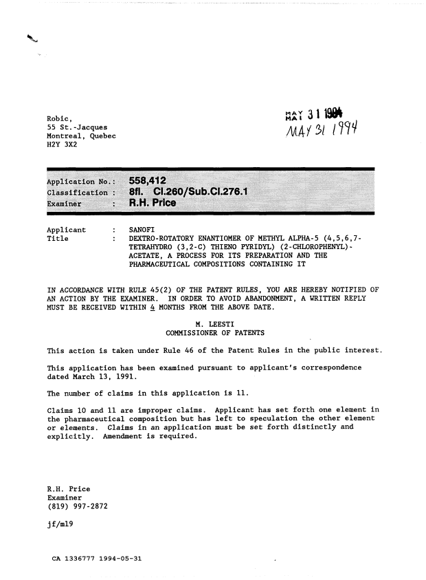 Canadian Patent Document 1336777. Examiner Requisition 19940531. Image 1 of 1