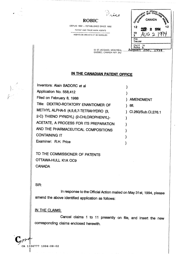 Canadian Patent Document 1336777. Prosecution Correspondence 19940802. Image 1 of 2