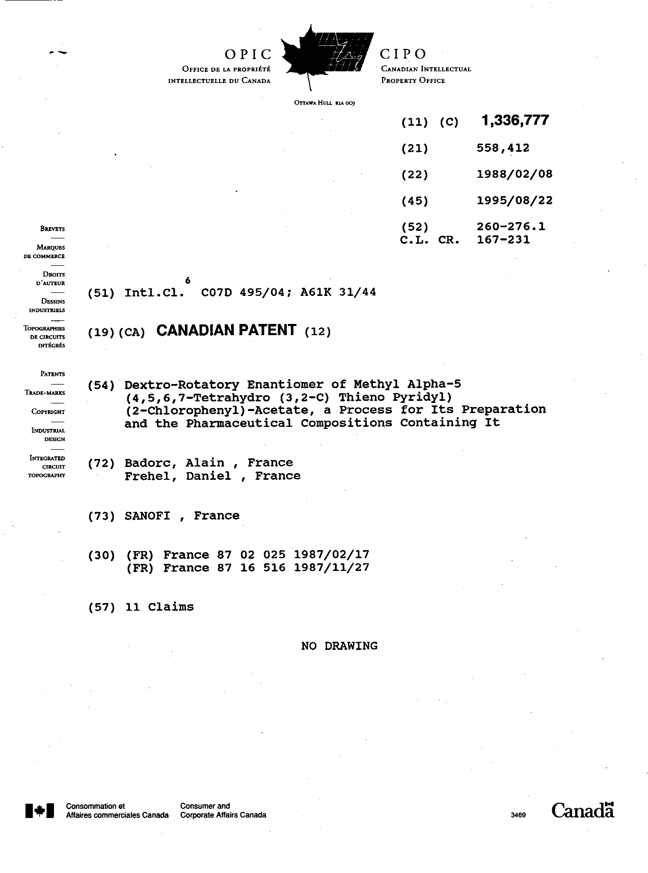 Canadian Patent Document 1336777. Cover Page 19950822. Image 1 of 1