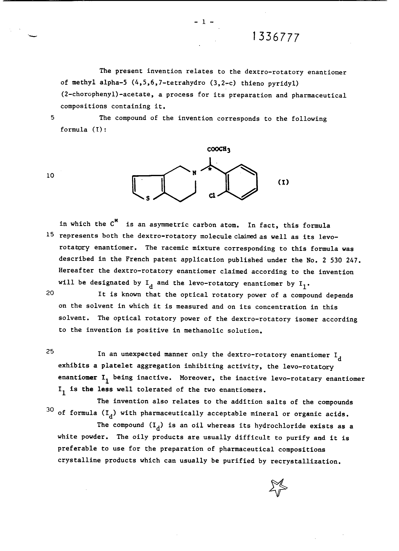Canadian Patent Document 1336777. Description 19950822. Image 1 of 21