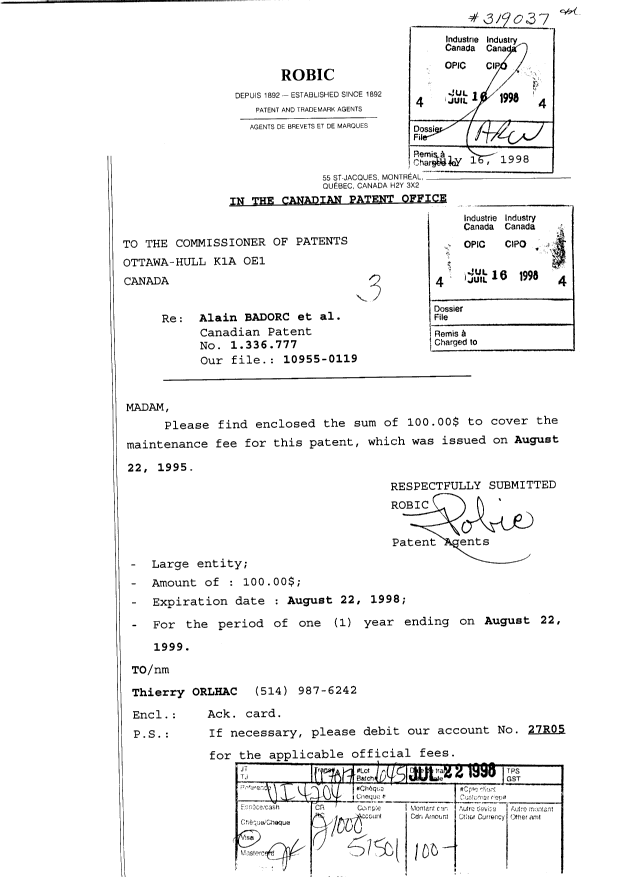 Document de brevet canadien 1336777. Taxes 19980716. Image 1 de 1