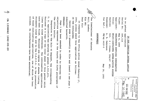 Document de brevet canadien 1336842. Correspondance de la poursuite 19920520. Image 1 de 16