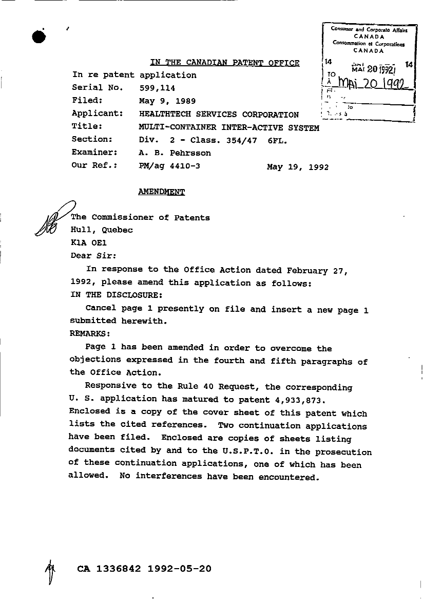 Document de brevet canadien 1336842. Correspondance de la poursuite 19920520. Image 1 de 16