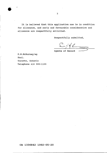 Document de brevet canadien 1336842. Correspondance de la poursuite 19920520. Image 2 de 16