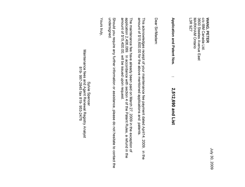 Canadian Patent Document 1337132. Correspondence 20090730. Image 1 of 1