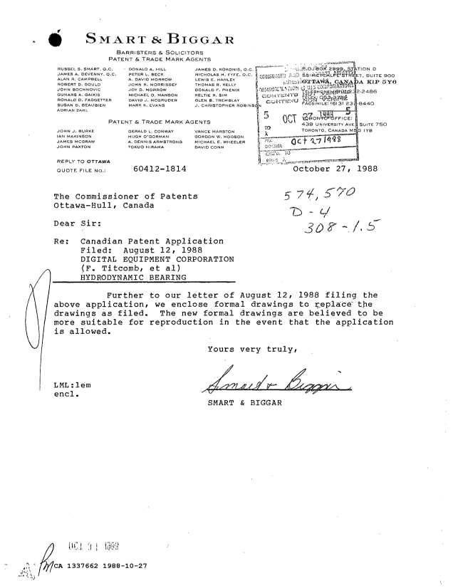 Document de brevet canadien 1337662. Correspondance de la poursuite 19881027. Image 1 de 1