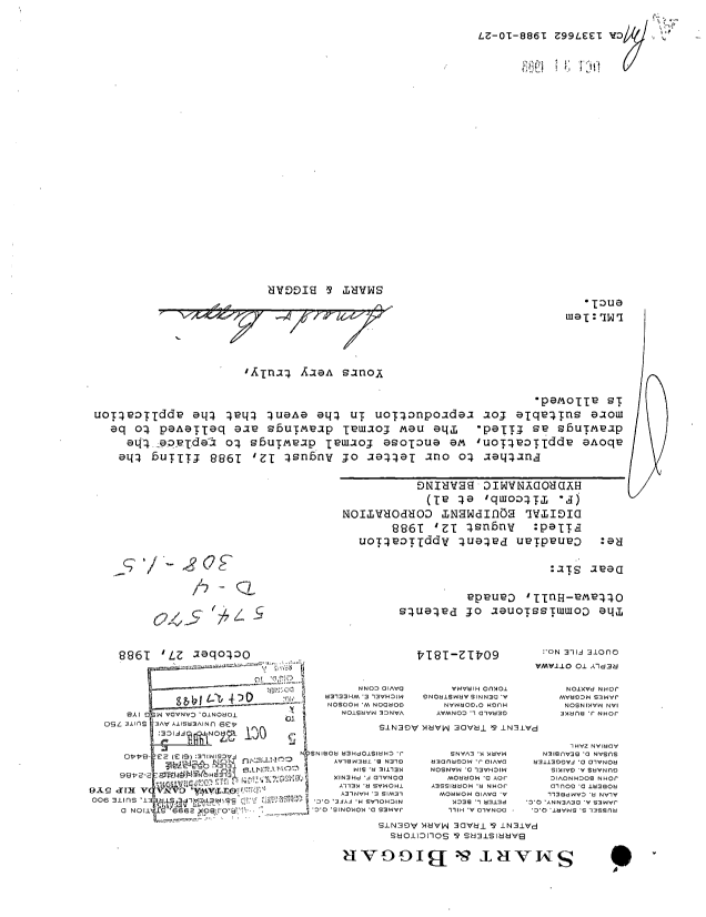 Canadian Patent Document 1337662. Prosecution Correspondence 19881027. Image 1 of 1