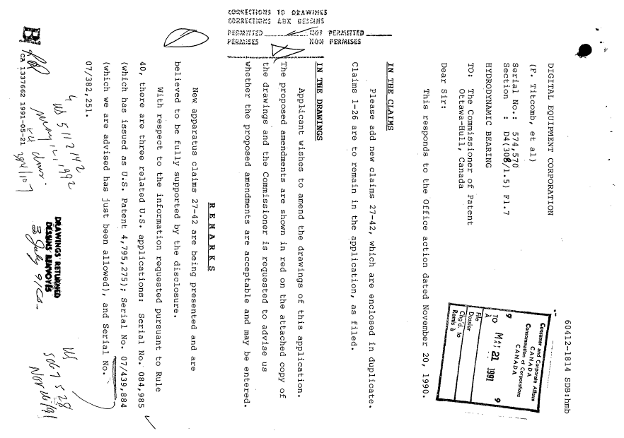 Document de brevet canadien 1337662. Correspondance de la poursuite 19910521. Image 1 de 10