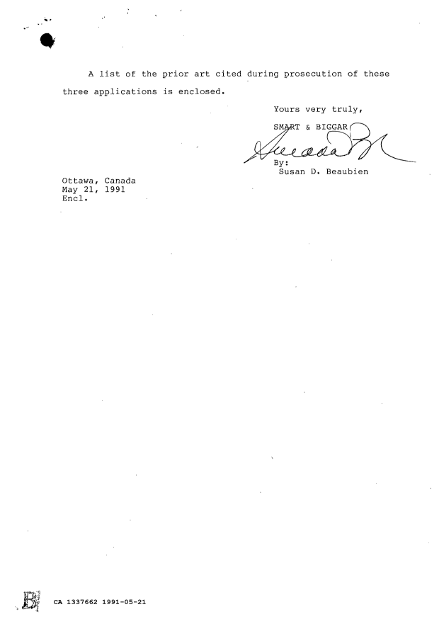Canadian Patent Document 1337662. Prosecution Correspondence 19910521. Image 2 of 10