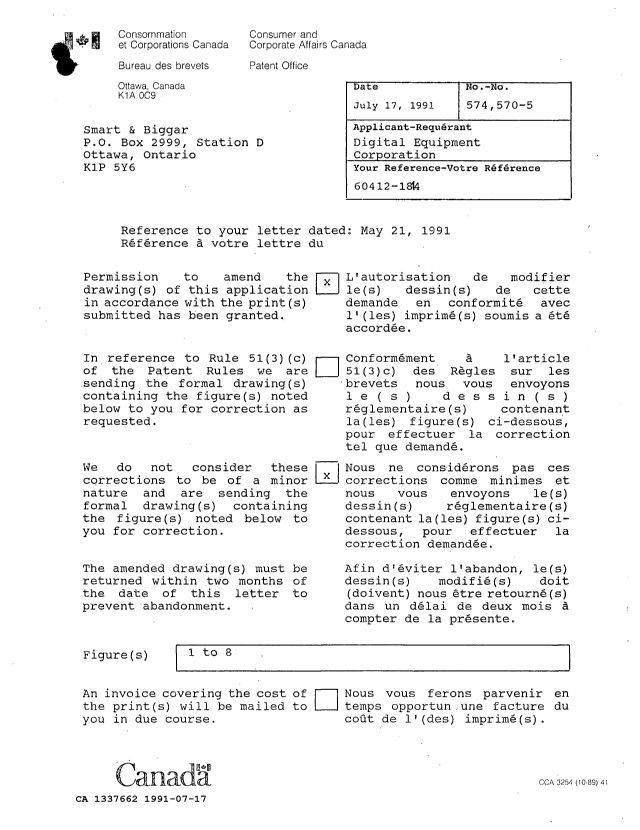 Document de brevet canadien 1337662. Lettre du bureau 19910717. Image 1 de 1