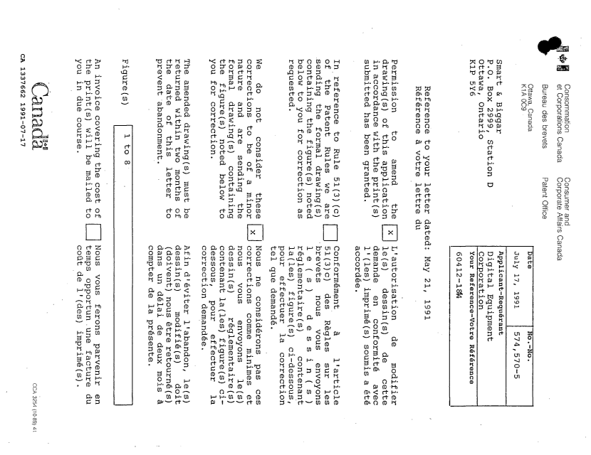 Document de brevet canadien 1337662. Lettre du bureau 19910717. Image 1 de 1